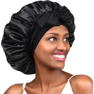 Yanibest Satin Bonnet Silk For Sleeping  Hair Bonnet With Tie Band Head- Black